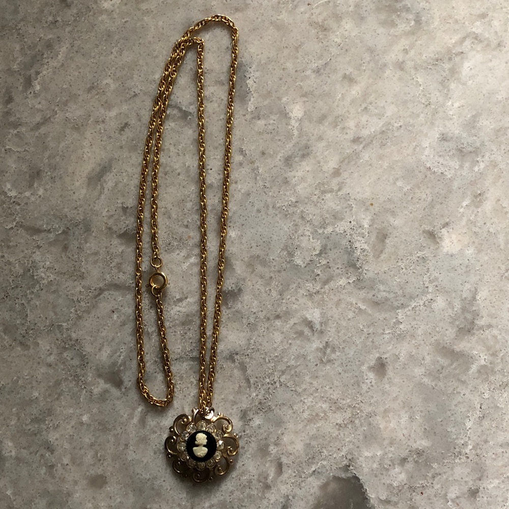 Gold Filigree Cameo Pendant Necklace - Gold Color with cz detail